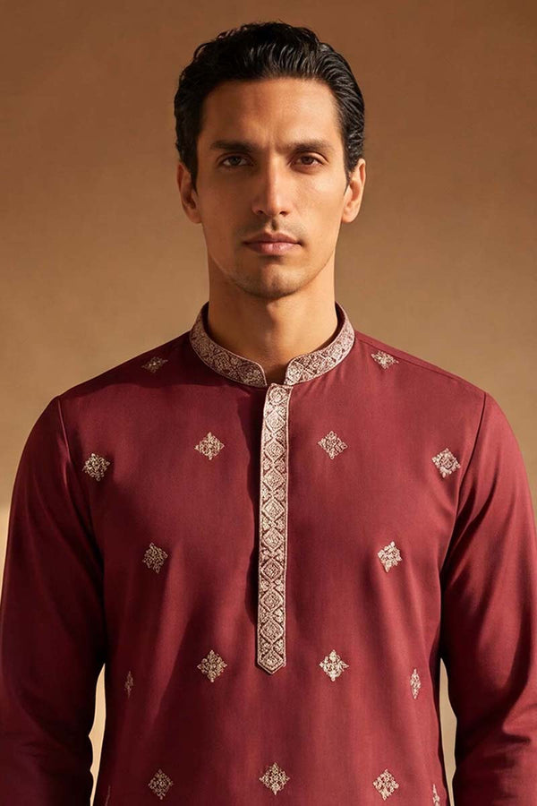 Silk Blend Maroon Solid Embroidered Calf Length Straight Kurta MKU2100