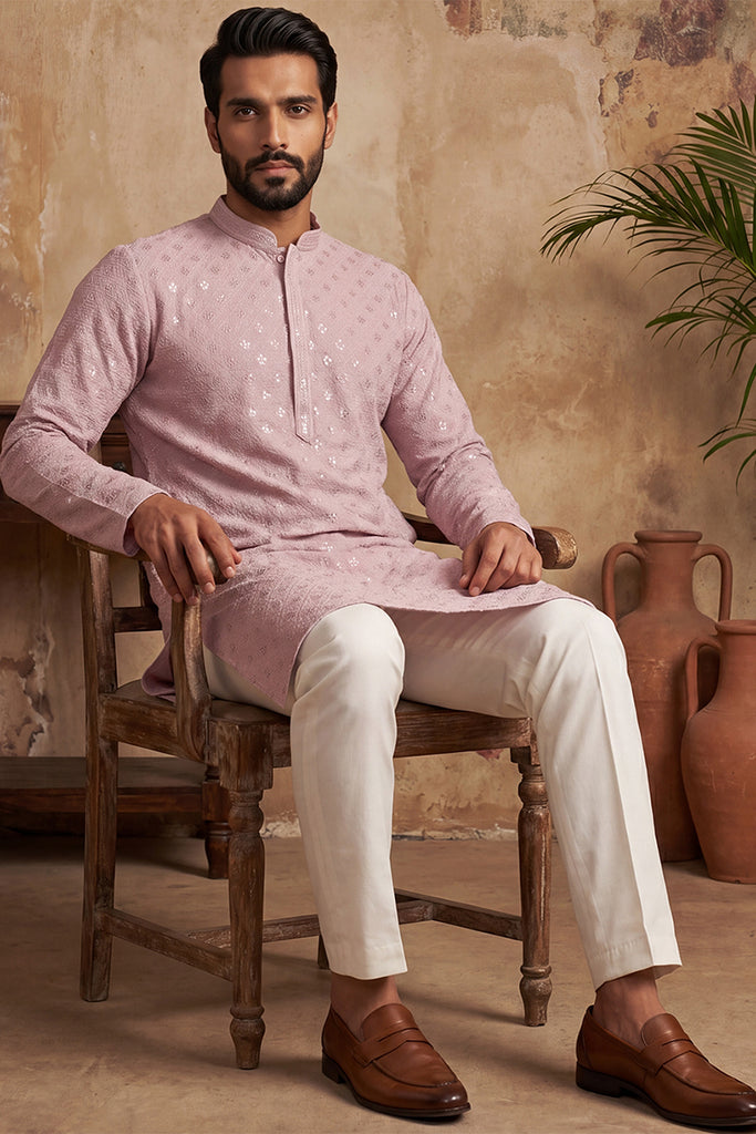 Purple Viscose Rayon Solid Embroidered Straight Kurta with Trouser MKSET1583