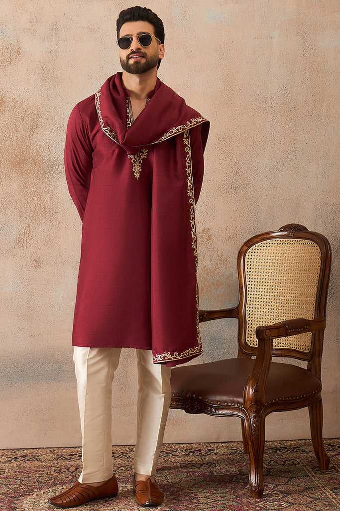 Maroon Silk Blend Solid Embroidered Kurta & Trouser With Dupatta MKPD1036