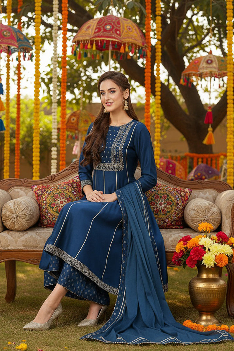 Teal Silk Blend Ethnic Motifs Anarkali Suit Set PKSKD1930