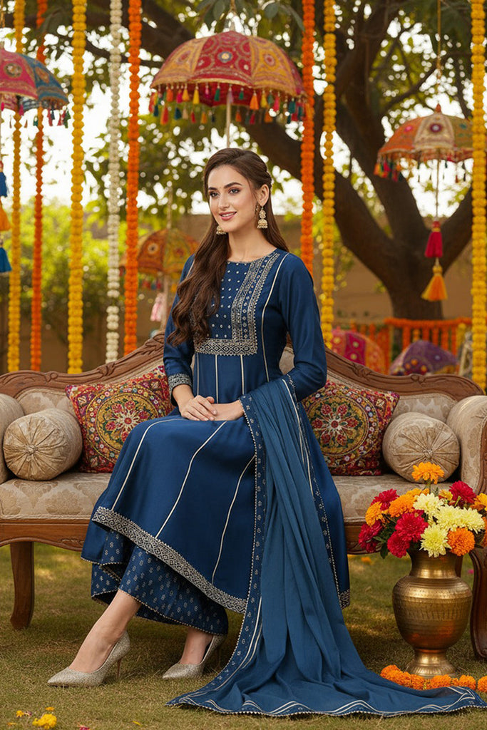 Teal Silk Blend Ethnic Motifs Anarkali Suit Set PKSKD1930