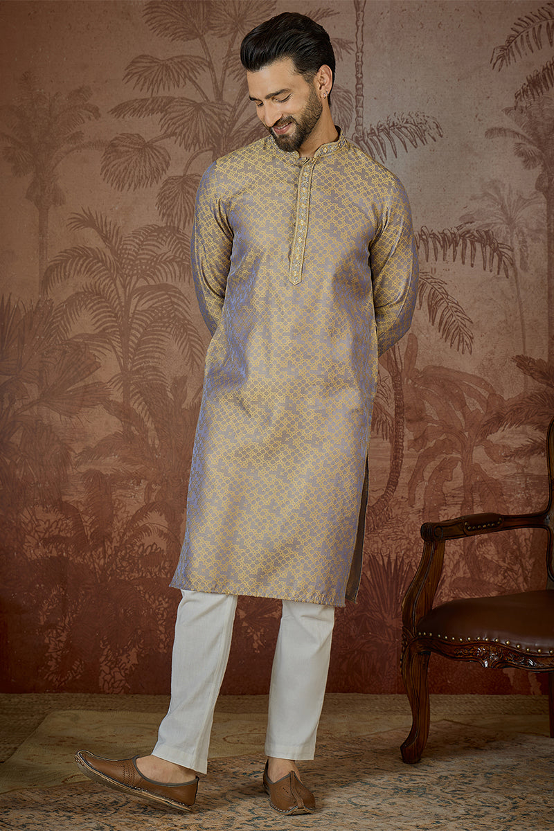 Grey Jacquard Geometric Embroidered Kurta MKU2548