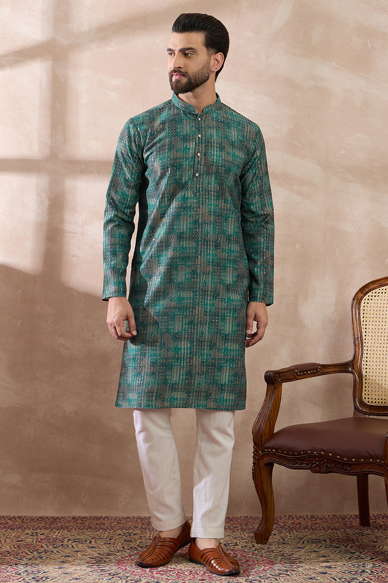 Green Silk Blend Printed Mandarin Collar Straight Kurta With Trouser MKSET2021