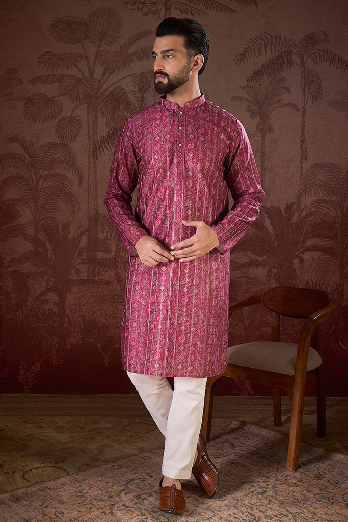 Maroon Silk Blend Ethnic Motifs Printed Straight Kurta With Trouser MKSET1928