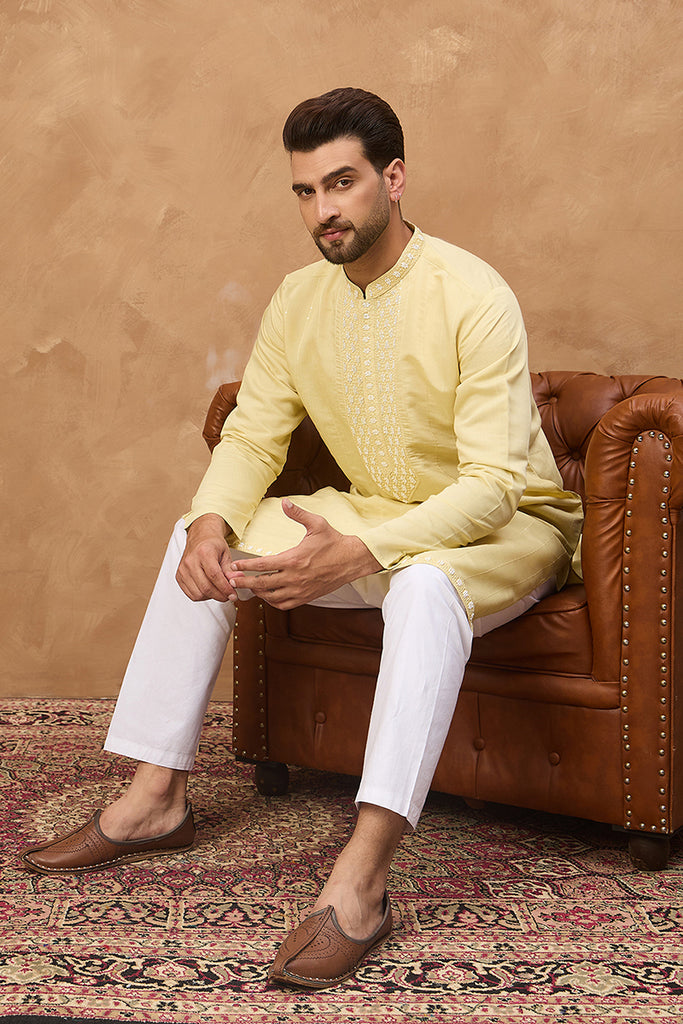 Yellow Silk Blend Solid Embroidered Straight Kurta MKU1507