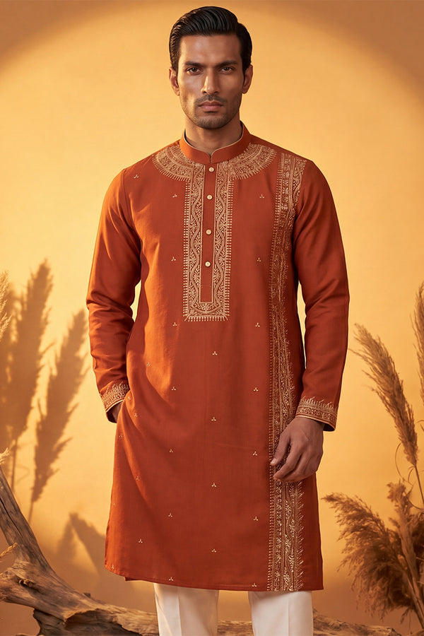 Orange Silk Blend Solid Emboidered Straight Kurta With Trouser MKSET2371