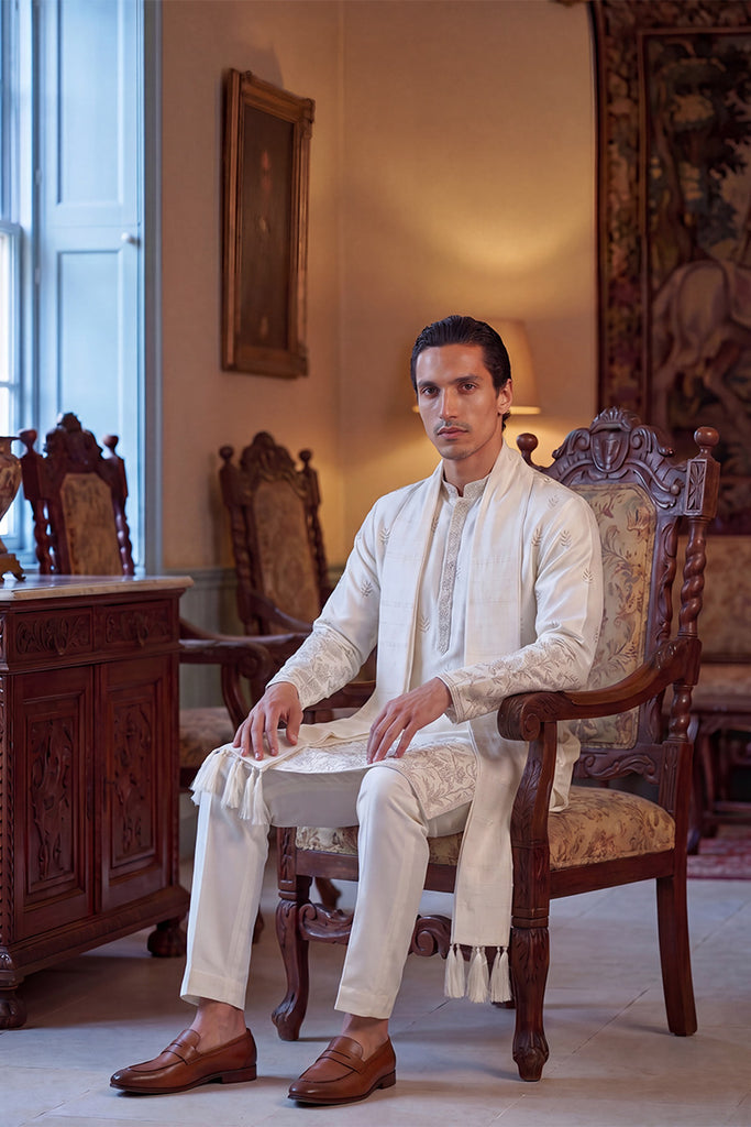 White Silk Blend Floral Embroidered Straight Kurta with Dupatta MKUD1784