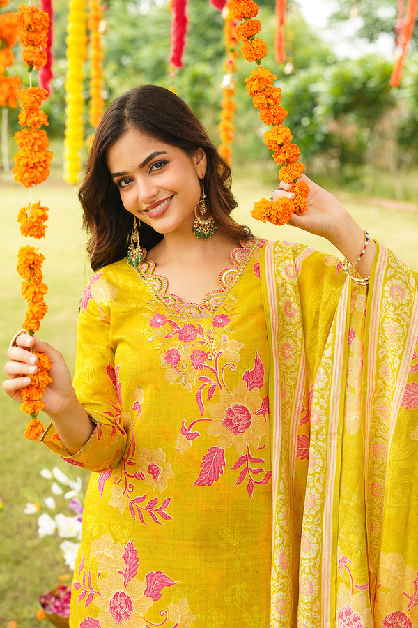 Yellow Rayon Blend Floral Straight Kurta Trousers With Dupatta PKSKD3052