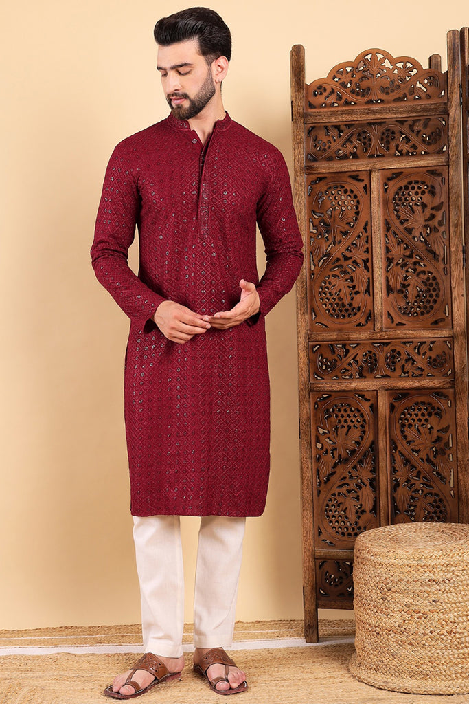 Maroon Viscose Rayon Solid Embroidered Straight Kurta For Men MKU1007MRN