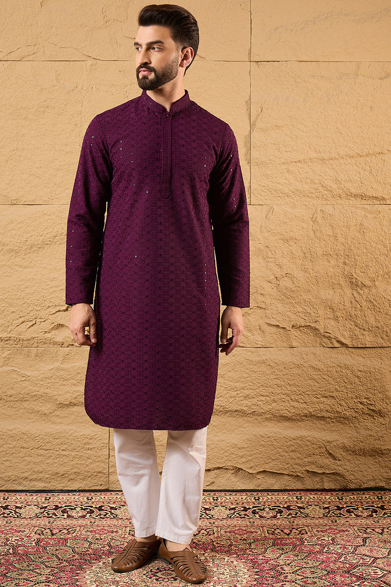 Purple Viscose Rayon Solid Embroidered Straight Kurta MKU1189