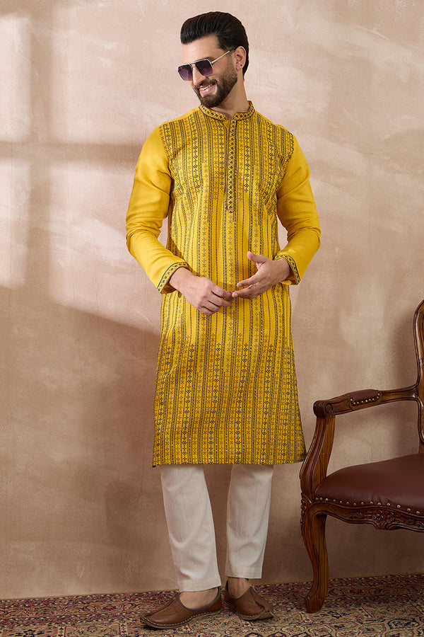 Yellow Silk Blend Embroidered Mandarin Collar Straight Kurta With Trouser MKSET2039