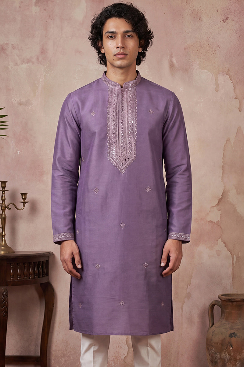 Lavender Silk Blend Solid Emboidered Sequins Kurta MKU2277