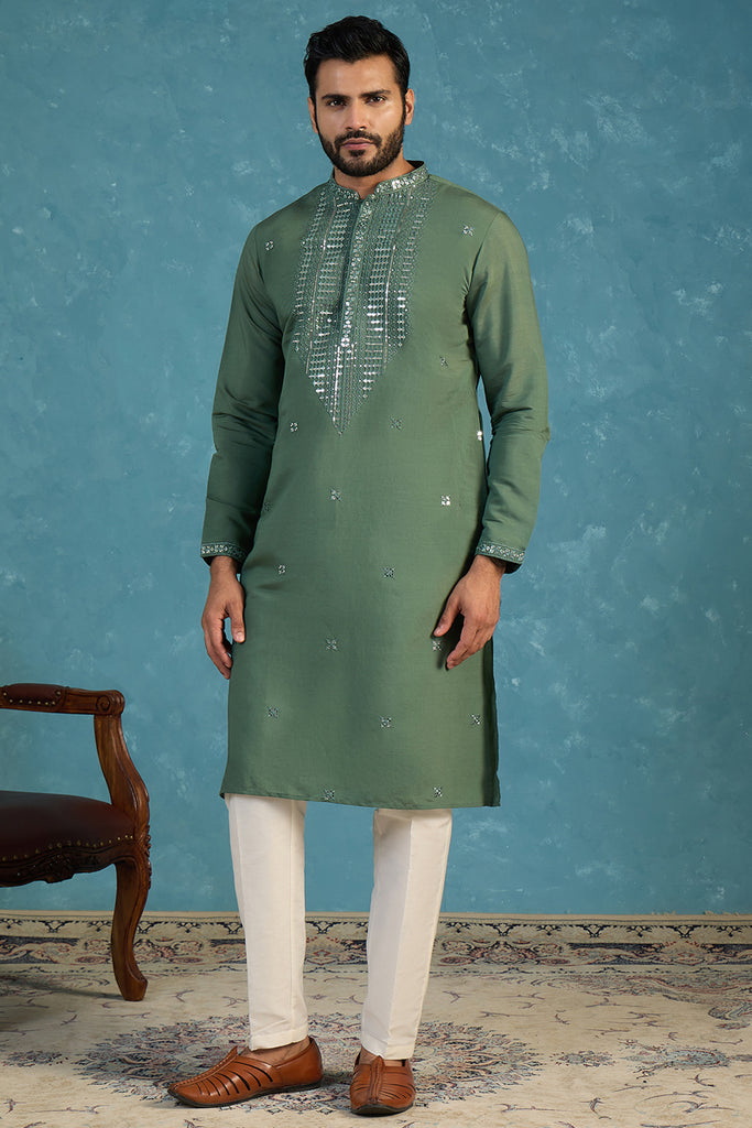 Green Silk Blend Solid Emboidered Sequins Kurta MKU2279