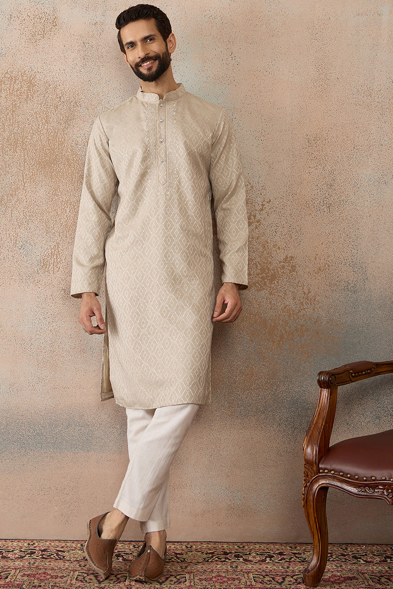 Beige Linen Blend Geometric Woven Design Kurta MKU2364