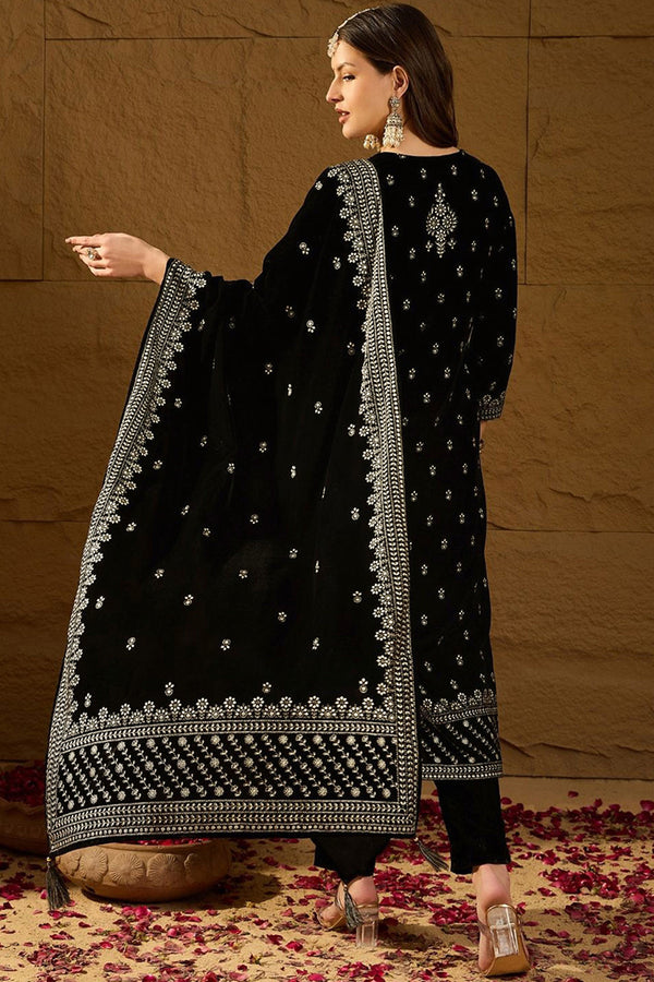 Black Velvet Ethnic Motifs Printed Straight Trousers Suit Set PKSKD2922
