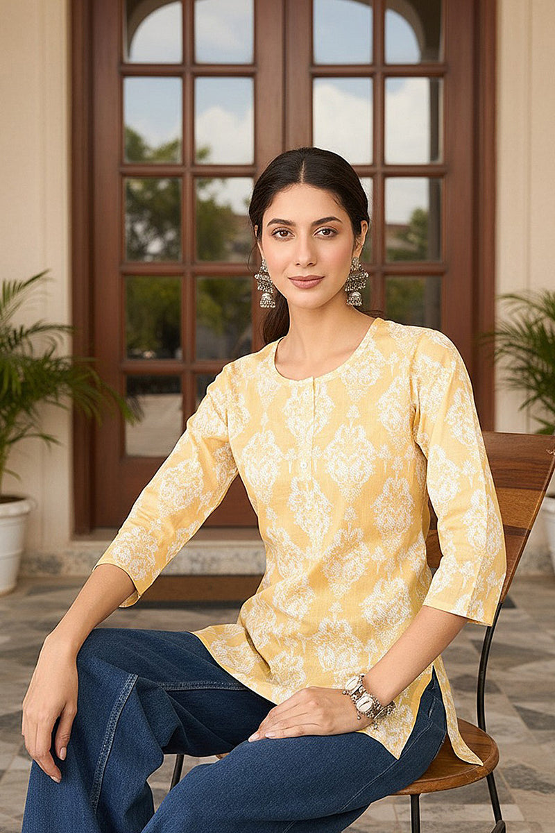Yellow Cotton Blend Ethnic Motifs Printed Regular Top VT1389
