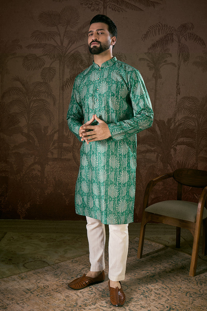 Teal Silk Blend Floral Printed Straight Kurta With Trouser MKSET1971