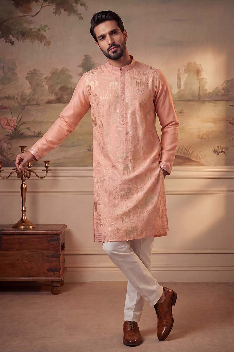 Peach Viscose Rayon Solid Embroidered Kurta With Trousers MKSET2092