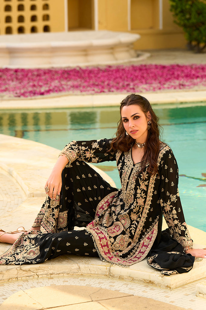 Black Chinon Chiffon Embroidered Straight Kurta Sharara with Dupatta PKSKD2892