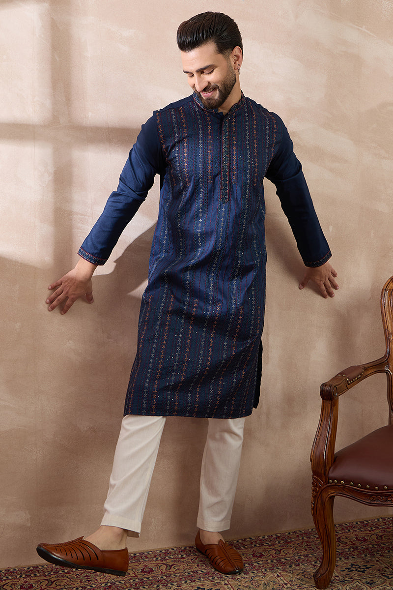 Navy Blue Silk Blend Embroidered Mandarin Collar Straight Kurta With Trouser MKSET2040