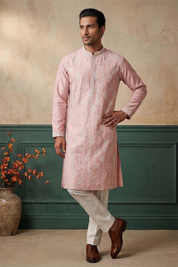 Pink Silk Blend Solid Embroidered Kurta MKU2088