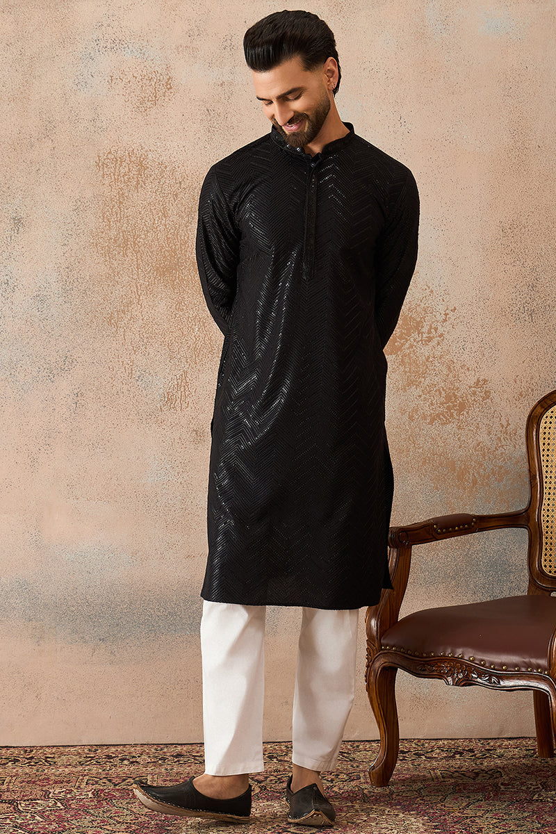 Black Rayon Embroidered Solid Straight Kurta With Trousers MKSET2190