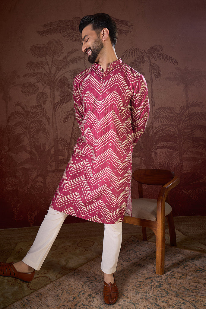 Magenta Silk Blend Chevron Printed Straight Kurta With Trouser MKSET1940