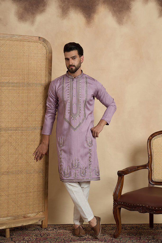Lavender Silk Blend Solid Embroidered Straight Kurta With Trouser MKSET2527