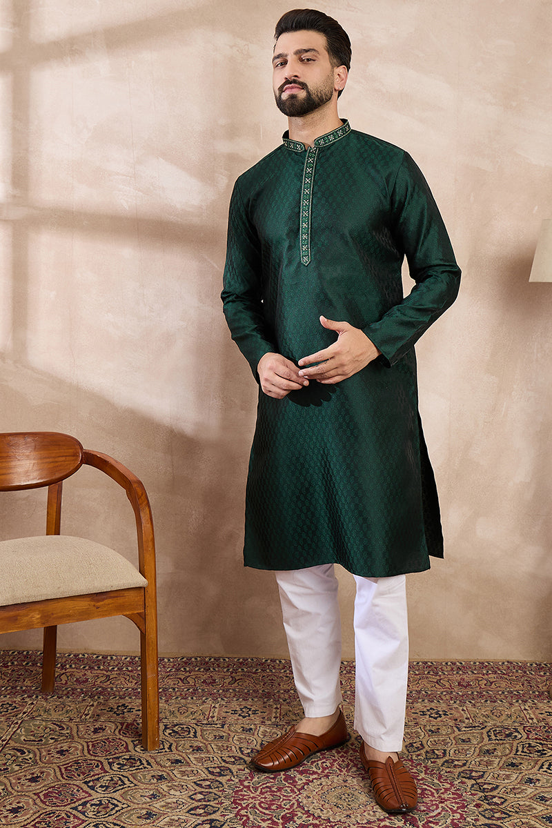 Green Silk Blend Solid Woven Design Straight Kurta With Trouser MKSET1900