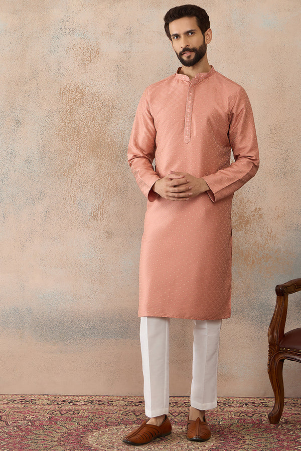 Peach Silk Blend Embroidered Mandarin Collar Straight Kurta with Trousers  MKSET2363