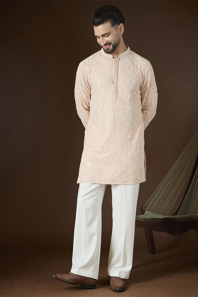 Peach Georgette Solid Embroidered Kurta With Trouser MKSET2731
