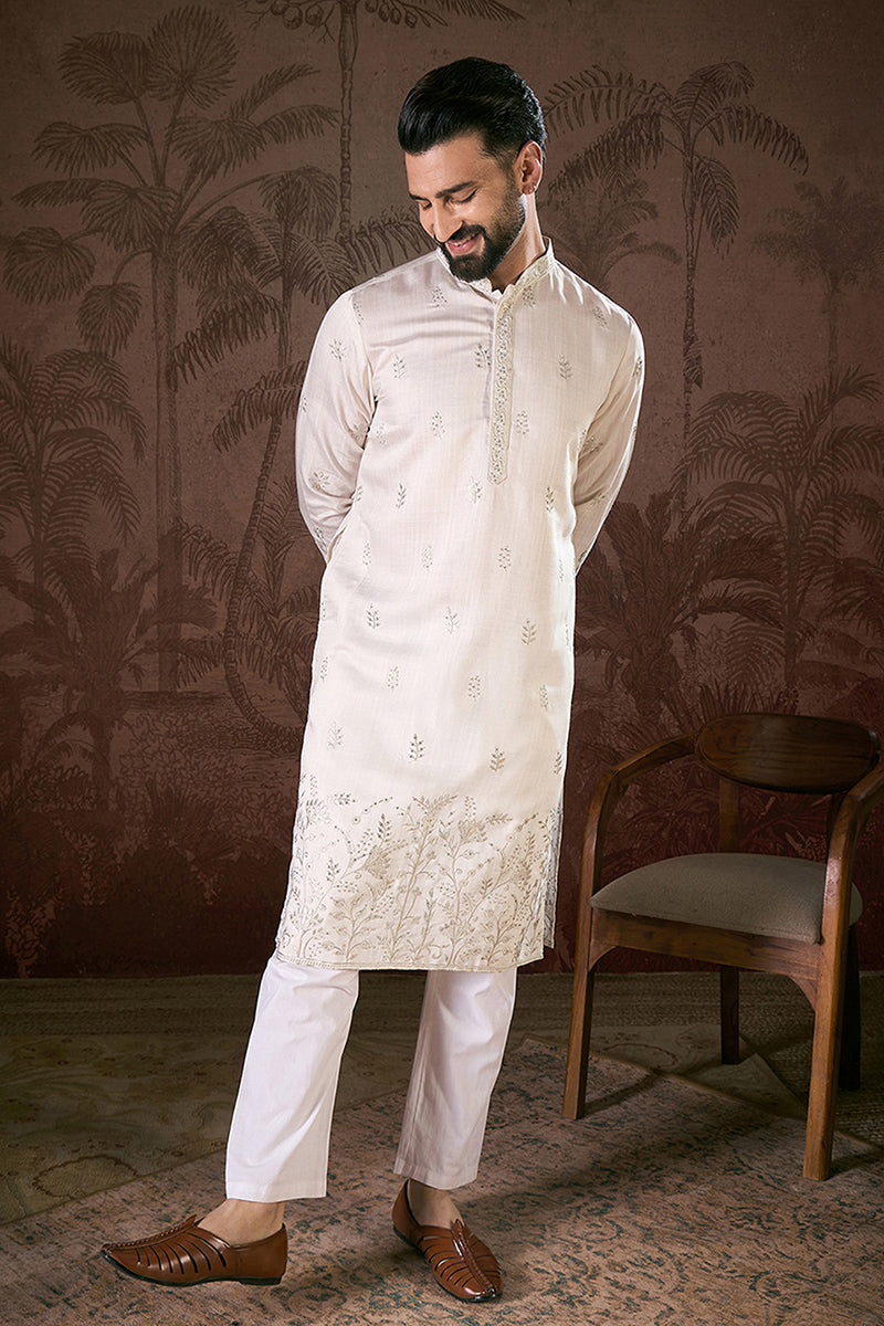 White Silk Blend Floral Embroidered Straight Kurta MKU1784