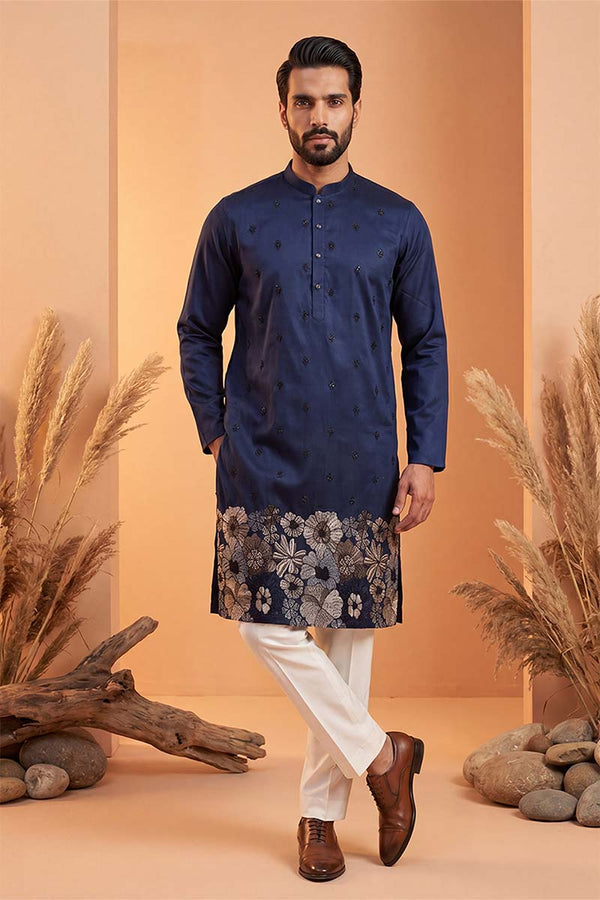 Blue Silk Blend Solid Embroidered Kurta With Trousers MKSET2065