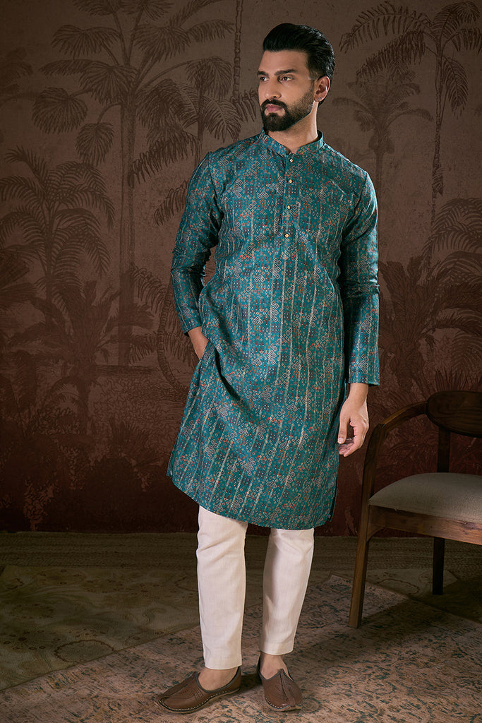 Blue Silk Blend Ethnic Motifs Printed Straight Kurta MKU1906