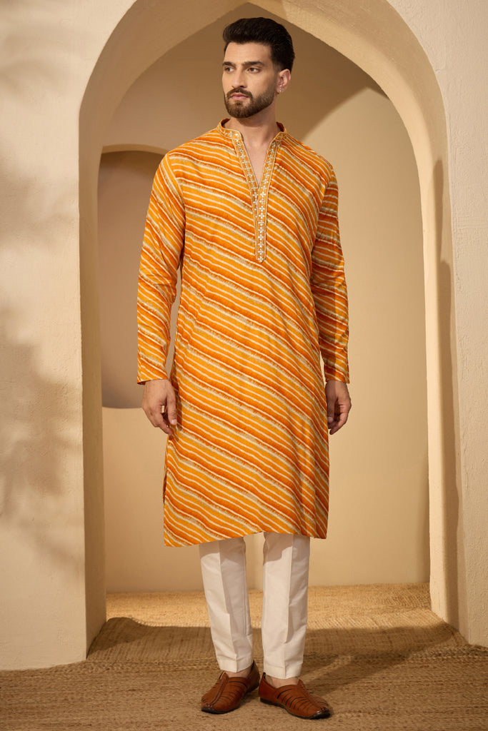 Yellow Rayon Leheriya Printed V-Neck Kurta With Trouser MKSET2755