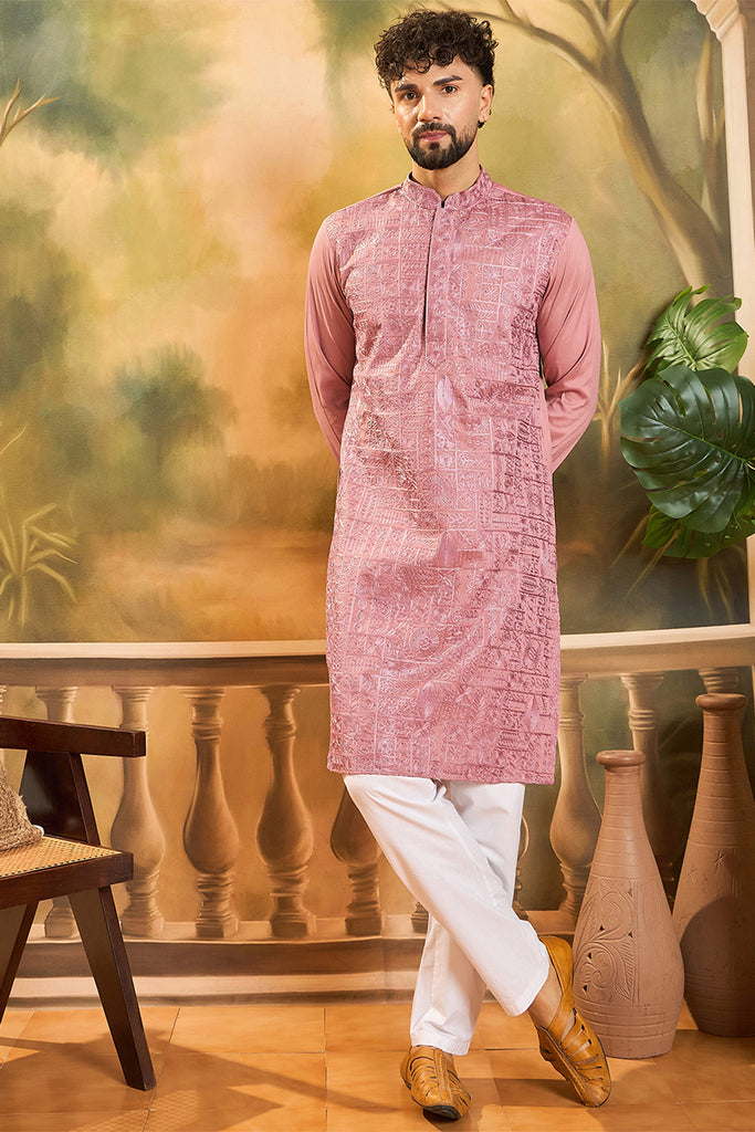Mauve Silk Blend Solid Embroidered Straight Kurta MKU1495