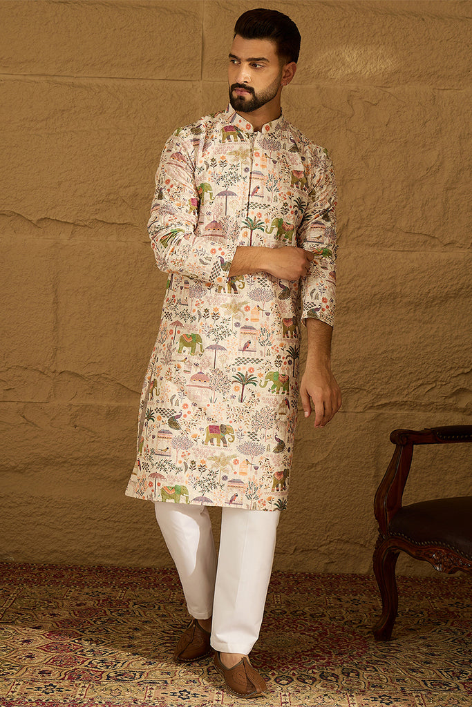 Cream Viscose Rayon Ethnic Motifs Printed Straight Kurta with Trouser MKSET1616