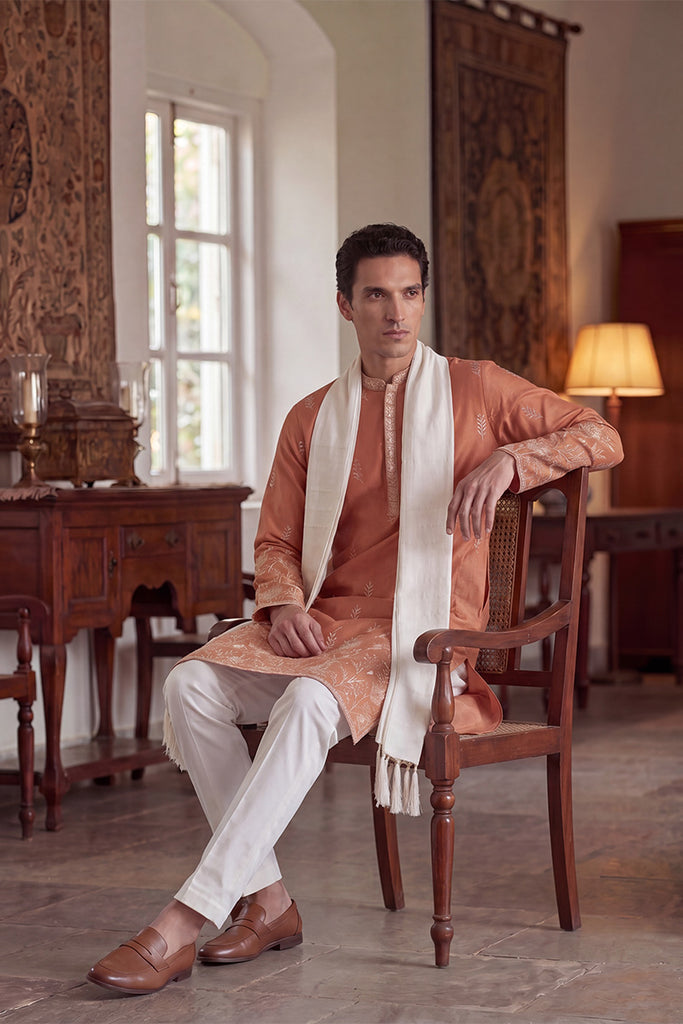 Peach Vartican Solid Embroidered Straight Kurta Sets MKUD1935