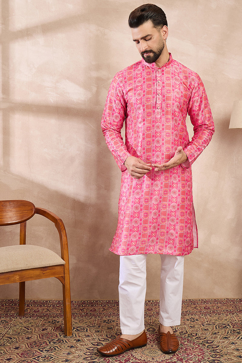 Pink Silk Blend Ethnic Motifs Printed Straight Kurta With Trouser MKSET1990