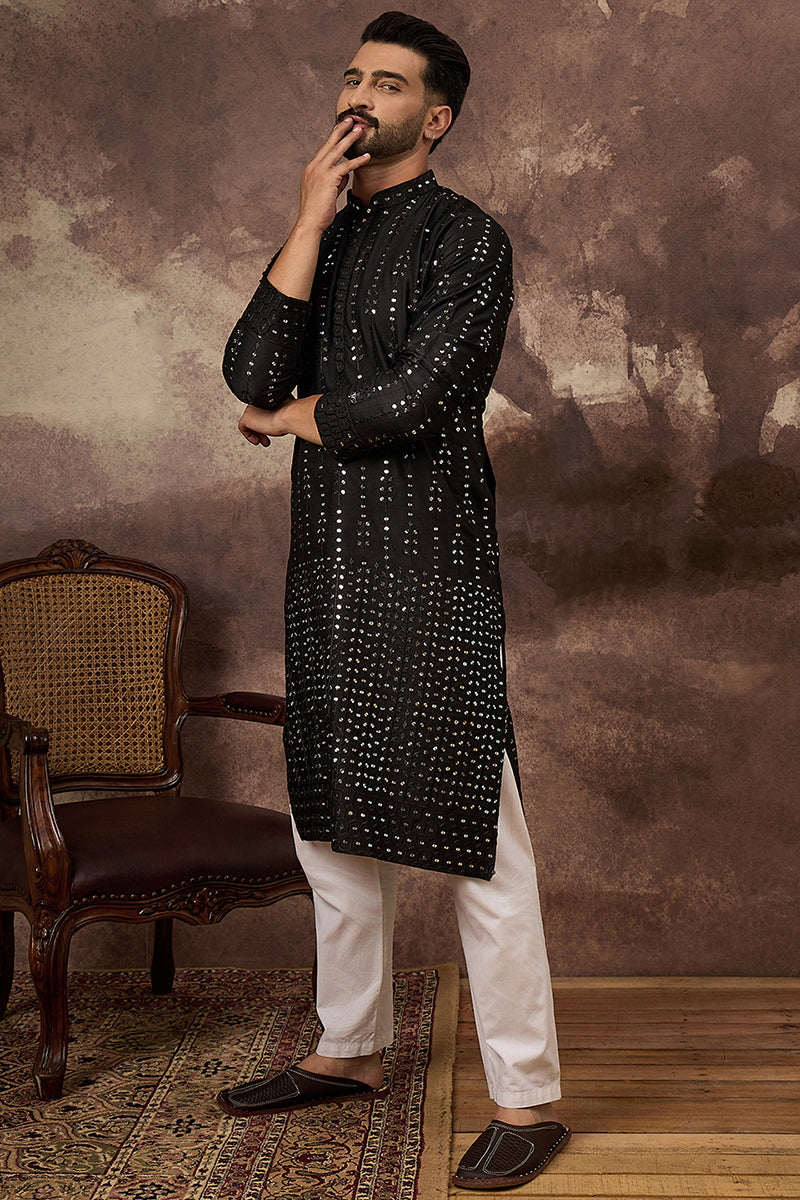 Black Silk Blend Solid Embroidered Straight Kurta With Pant Set MKSET1360