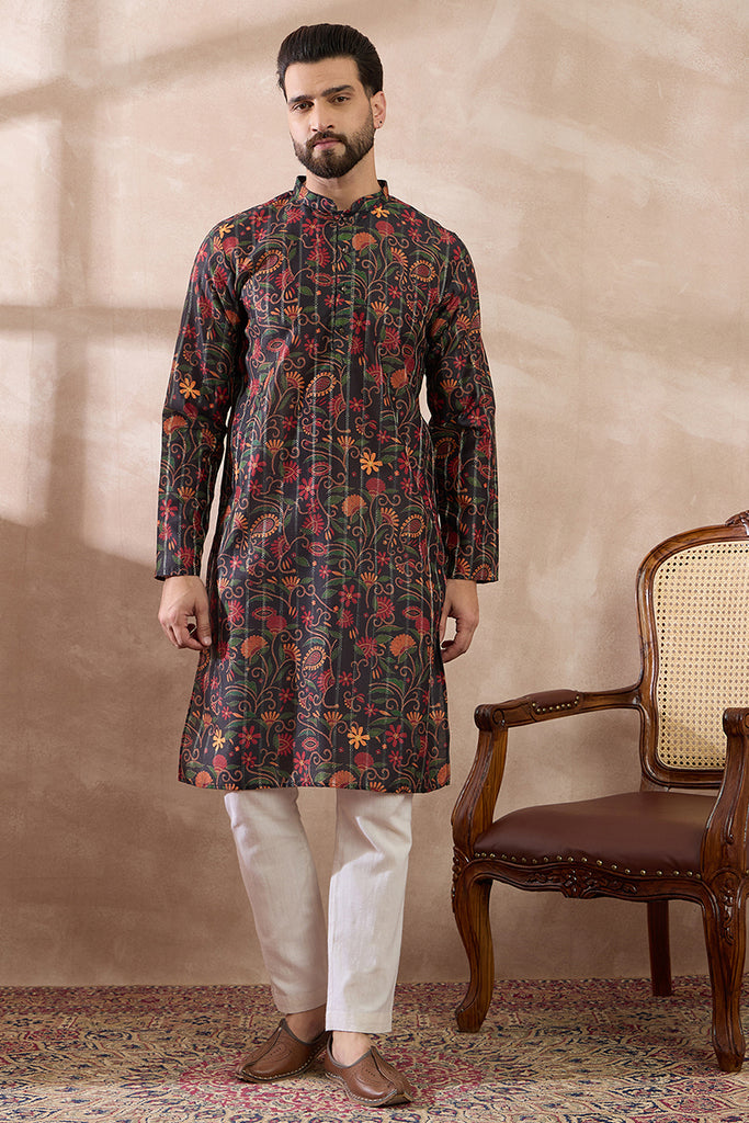 Black Silk Blend Embroidered Mandarin Collar Straight Kurta MKU2096