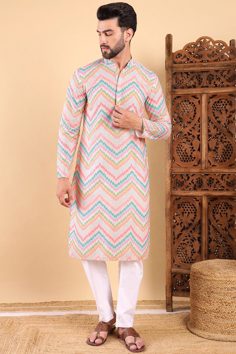 Teal Viscose Rayon Chevron Embroidered Straight Kurta For Men MKU1008TIL