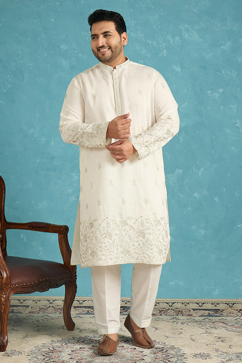 White Silk Blend Floral Thread Work Embroidered Kurta MKU1784