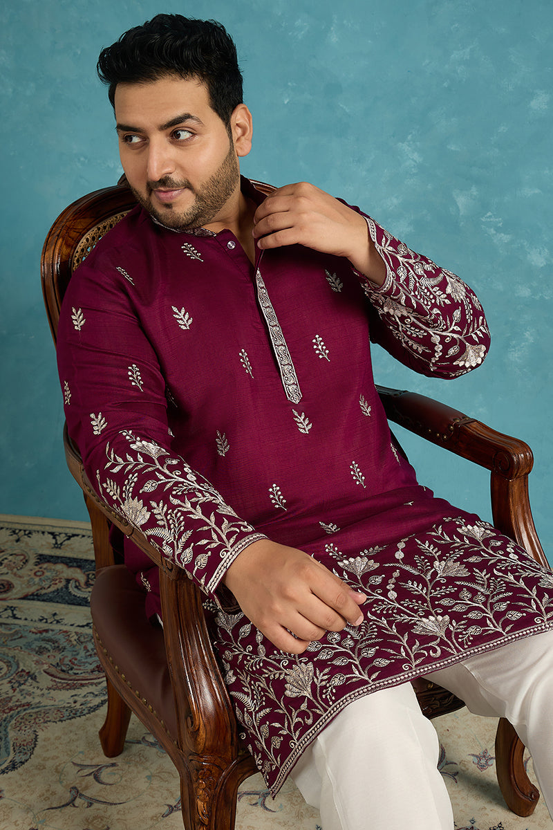 Purple Silk Blend Solid Thread Work Embroidered Kurta MKU1944