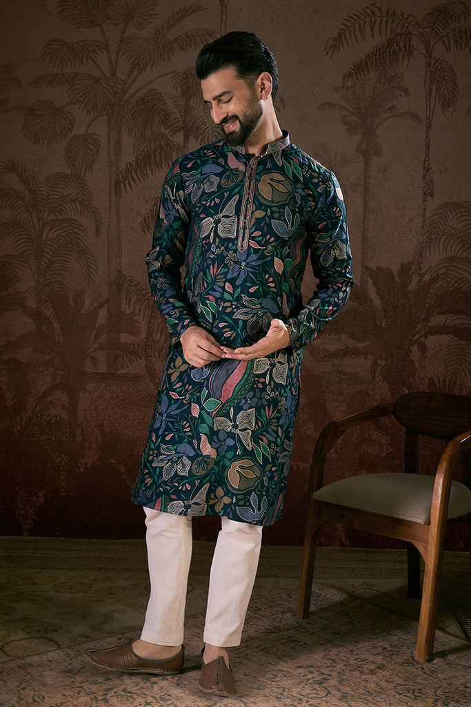 Blue Silk Blend Floral Printed Straight Kurta With Trouser MKSET1962