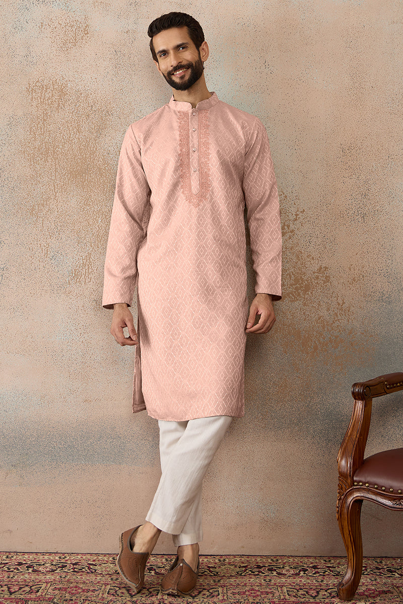 Peach Linen Blend Geometric Woven Design Kurta MKU2364