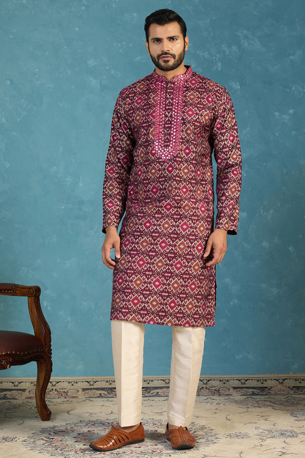 Purple Silk Blend Ethnic Motifs Ikat Printed Kurta MKU1895