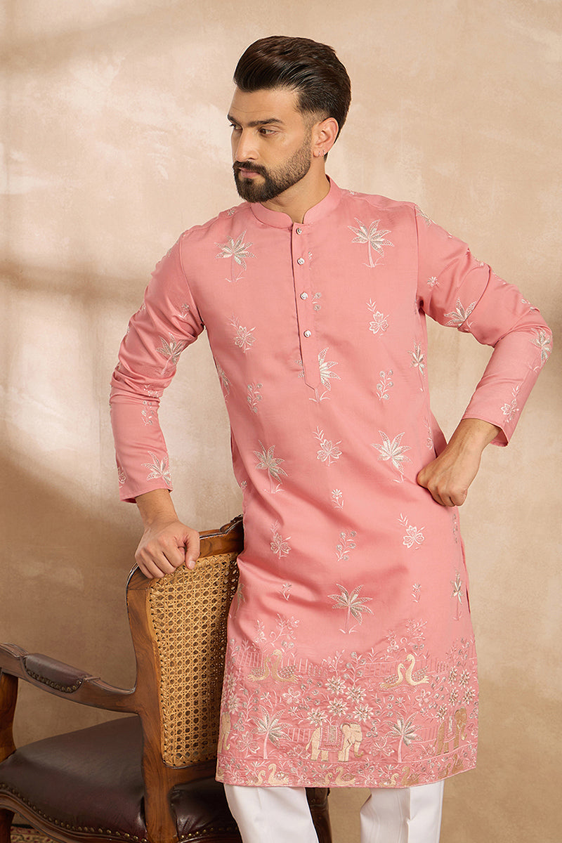 Pink Cotton Solid Embroidered Straight Kurta MKU1677