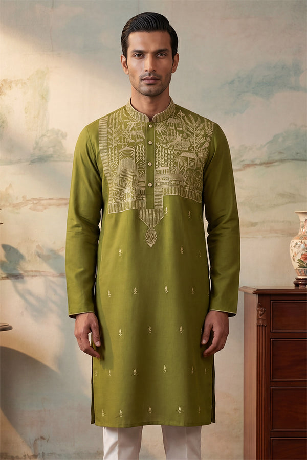 Green Silk Blend Solid Emboidered Straight Kurta With Trouser MKSET2373