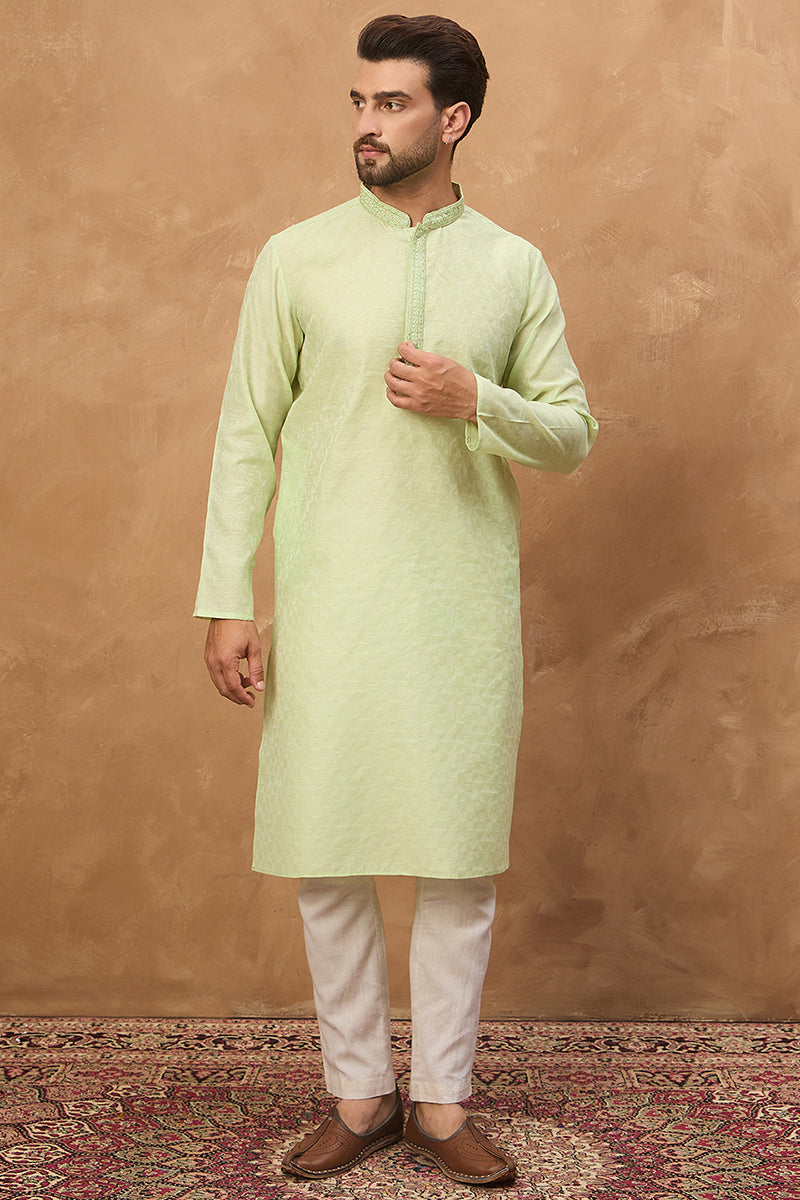 Green Silk Blend Solid Embroidered Straight Kurta MKU1451